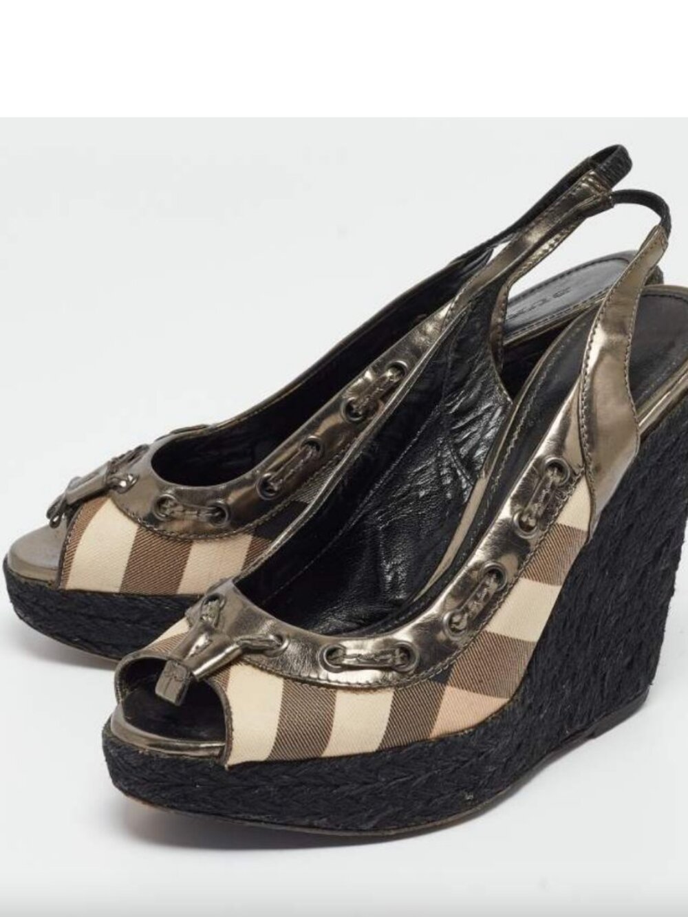 Burberry Multicolor Leather and Check Canvas Espadrille Wedge Slingback 9